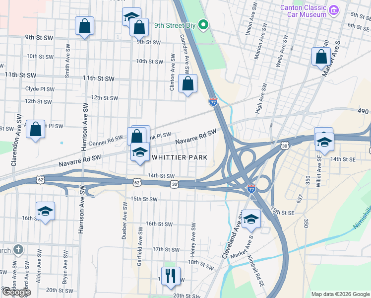 map of restaurants, bars, coffee shops, grocery stores, and more near 1339 Race Court Southwest in Canton