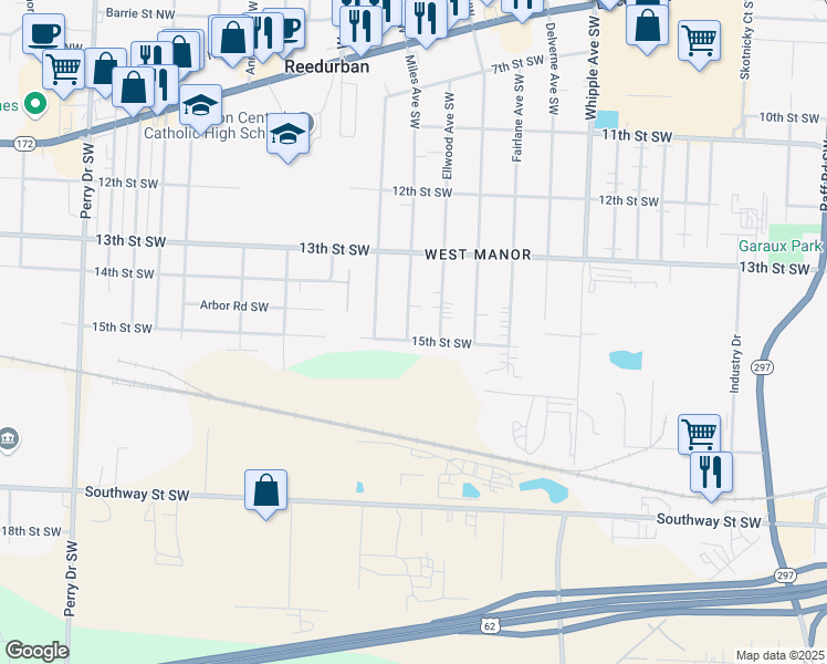 map of restaurants, bars, coffee shops, grocery stores, and more near 1448 Miles Avenue Southwest in Canton