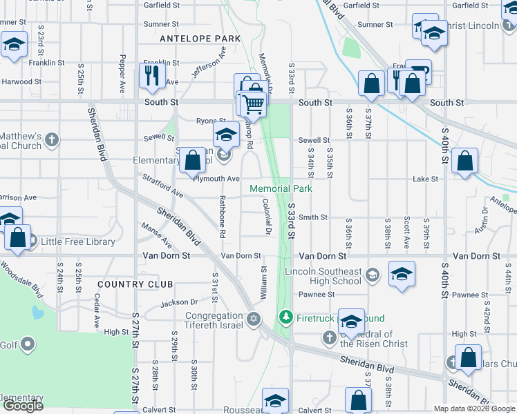 map of restaurants, bars, coffee shops, grocery stores, and more near 3155 Mayflower Avenue in Lincoln