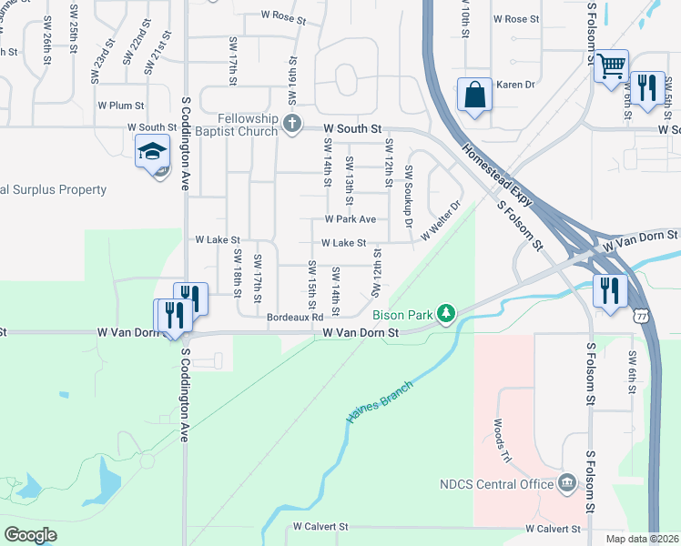 map of restaurants, bars, coffee shops, grocery stores, and more near 2605 Southwest 14th Street in Lincoln
