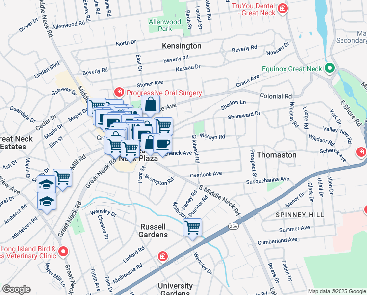 map of restaurants, bars, coffee shops, grocery stores, and more near 21 Schenck Avenue in Great Neck Plaza