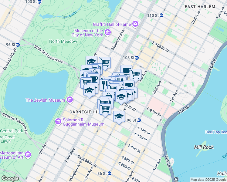 map of restaurants, bars, coffee shops, grocery stores, and more near 114 East 97th Street in New York