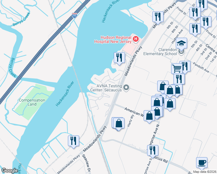 map of restaurants, bars, coffee shops, grocery stores, and more near 450 Dunlin Plaza in Secaucus