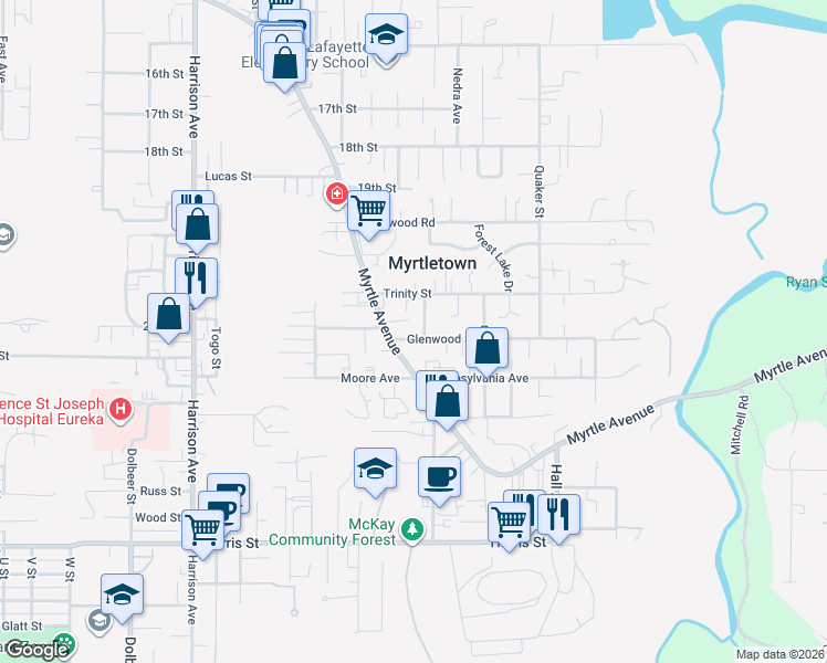 map of restaurants, bars, coffee shops, grocery stores, and more near 3311 Glenwood Street in Eureka