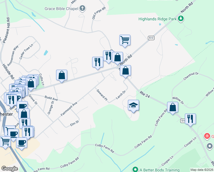 map of restaurants, bars, coffee shops, grocery stores, and more near 7 Seward Place in Chester