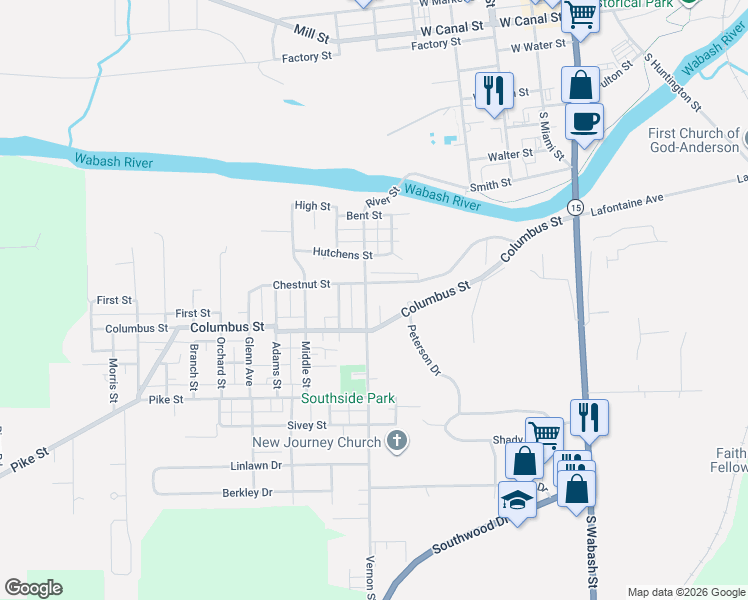 map of restaurants, bars, coffee shops, grocery stores, and more near 406 Columbus Street in Wabash