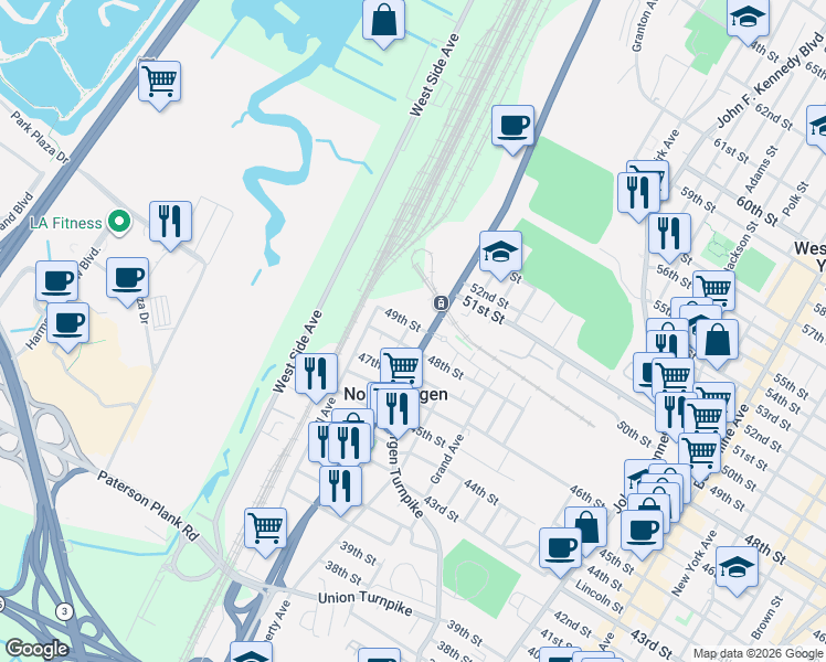 map of restaurants, bars, coffee shops, grocery stores, and more near 4808 Aschoff Place in North Bergen