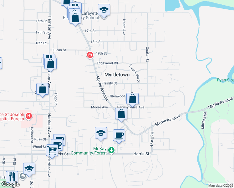 map of restaurants, bars, coffee shops, grocery stores, and more near 3311 Glenwood Street in Eureka