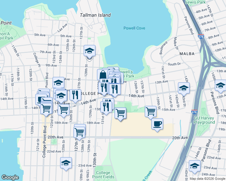 map of restaurants, bars, coffee shops, grocery stores, and more near 13207 14th Avenue in Queens