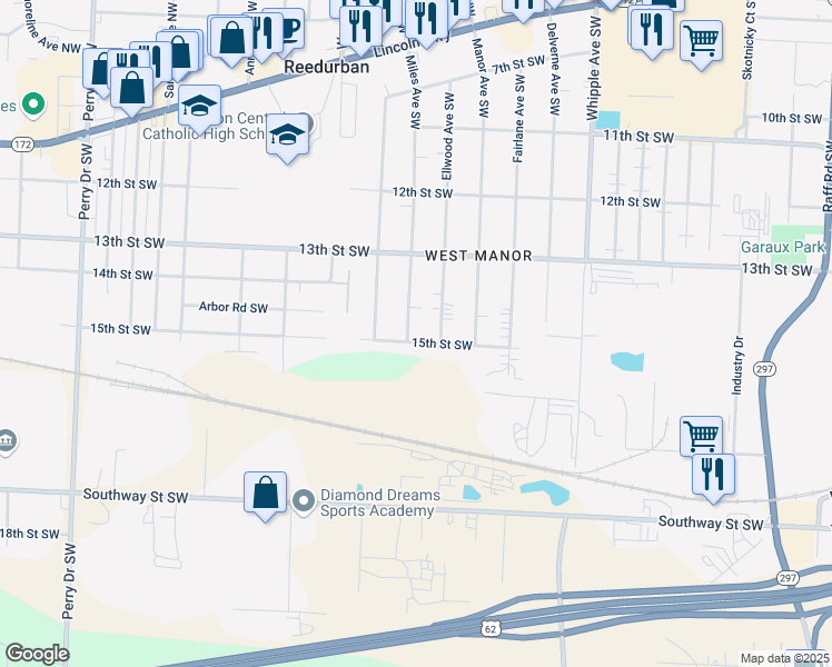 map of restaurants, bars, coffee shops, grocery stores, and more near 1448 Miles Avenue Southwest in Canton