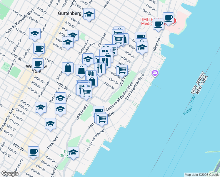 map of restaurants, bars, coffee shops, grocery stores, and more near 9 62nd Street in West New York