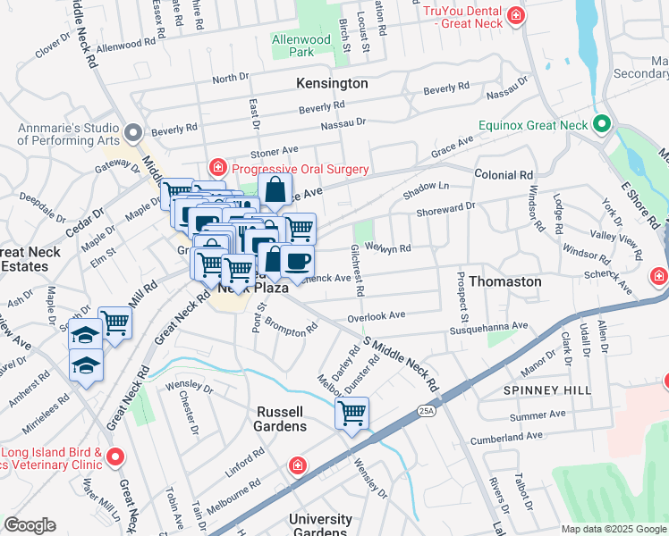 map of restaurants, bars, coffee shops, grocery stores, and more near 21 Schenck Avenue in Great Neck Plaza