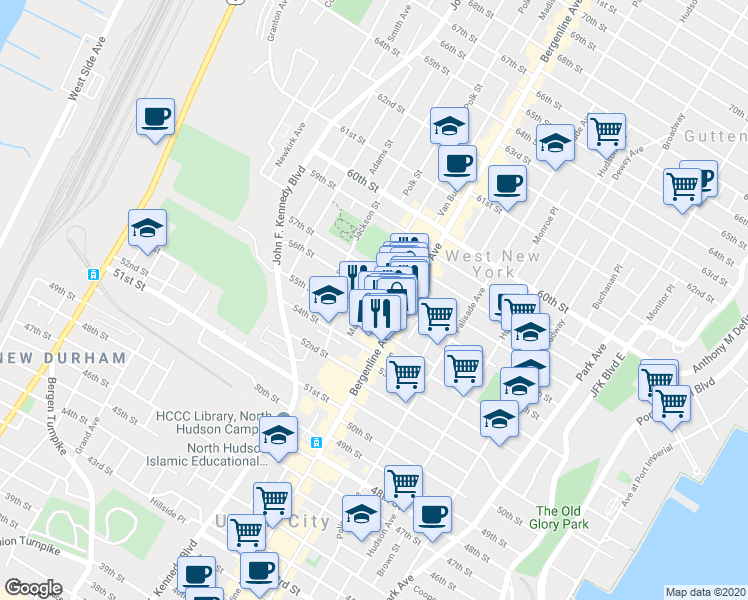map of restaurants, bars, coffee shops, grocery stores, and more near 5512 Madison Street in West New York