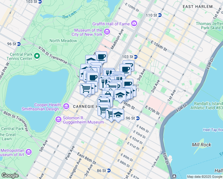 map of restaurants, bars, coffee shops, grocery stores, and more near 110 East 97th Street in New York