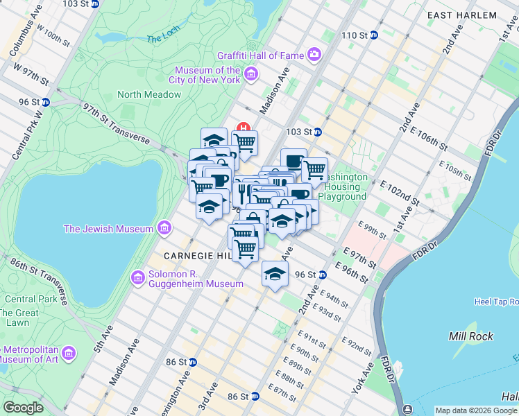 map of restaurants, bars, coffee shops, grocery stores, and more near 119 East 96th Street in New York