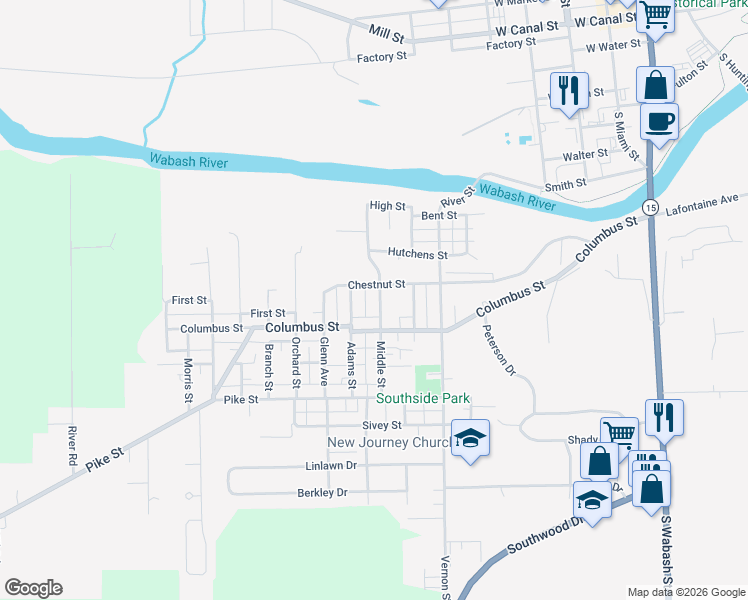 map of restaurants, bars, coffee shops, grocery stores, and more near 1345 Middle Street in Wabash