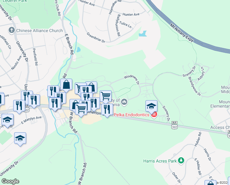 map of restaurants, bars, coffee shops, grocery stores, and more near 311 Rolling Ridge Drive in State College