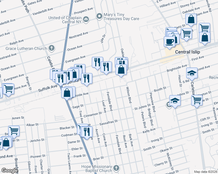 map of restaurants, bars, coffee shops, grocery stores, and more near 1549 Ferndale Boulevard in Central Islip
