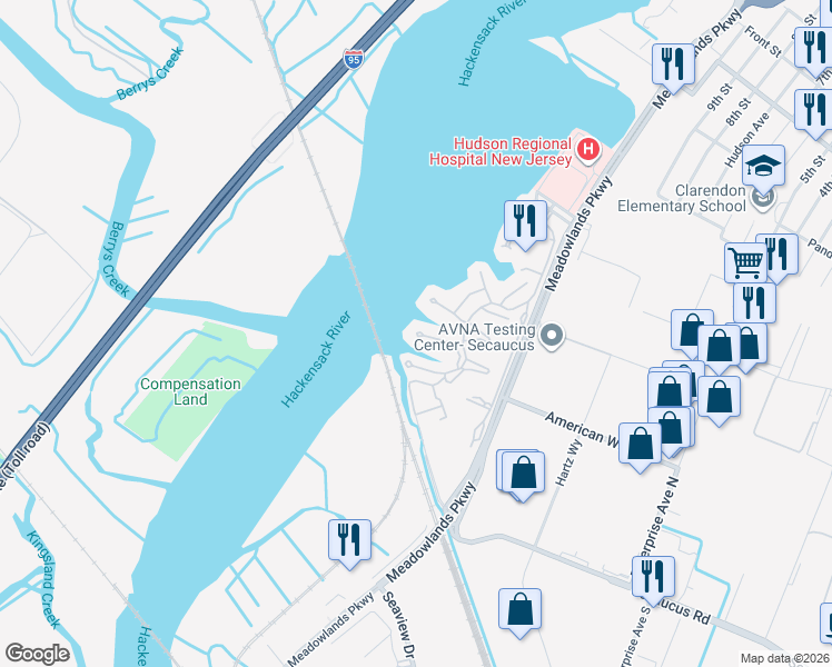 map of restaurants, bars, coffee shops, grocery stores, and more near 133 Sunset Key in Secaucus