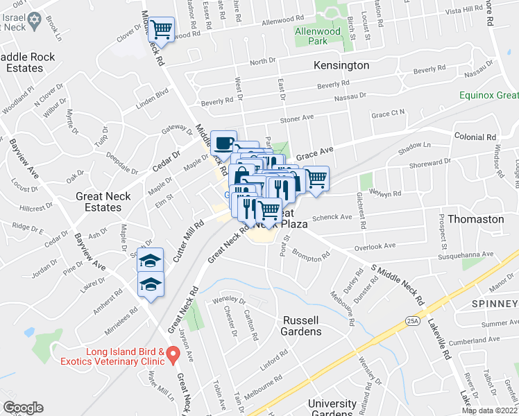 map of restaurants, bars, coffee shops, grocery stores, and more near 1 Great Neck Road in Great Neck Plaza