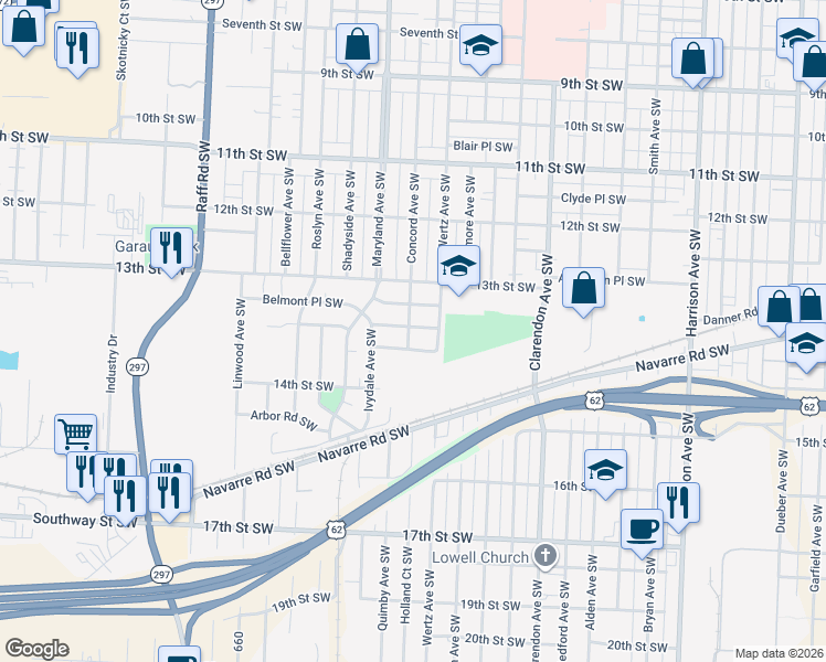 map of restaurants, bars, coffee shops, grocery stores, and more near 1355 Concord Avenue Southwest in Canton