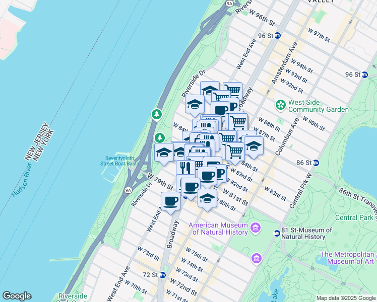 map of restaurants, bars, coffee shops, grocery stores, and more near 301 West 82nd Street in New York