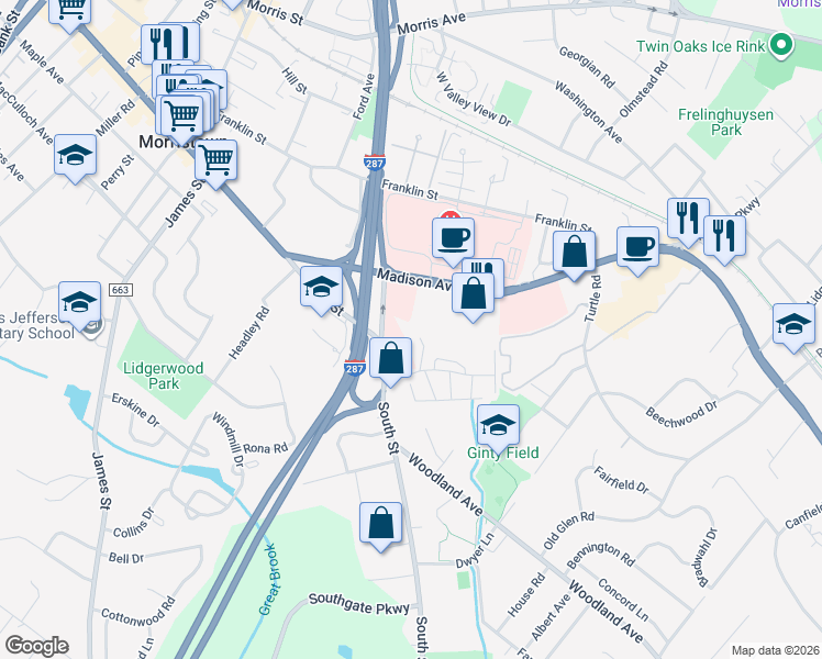 map of restaurants, bars, coffee shops, grocery stores, and more near 310 South St in Morristown