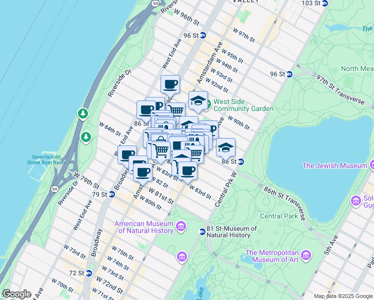 map of restaurants, bars, coffee shops, grocery stores, and more near 130 West 86th Street in New York