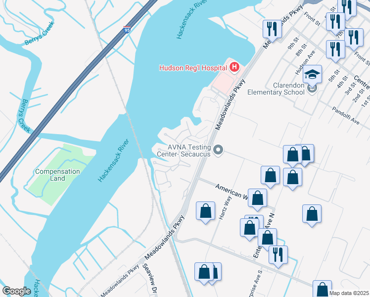 map of restaurants, bars, coffee shops, grocery stores, and more near 450 Dunlin Plaza in Secaucus