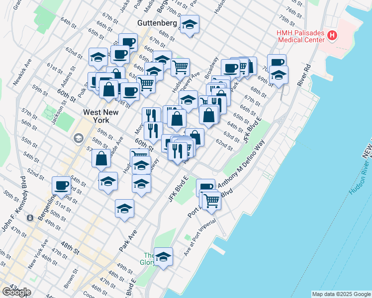 map of restaurants, bars, coffee shops, grocery stores, and more near 6035 Park Avenue in West New York