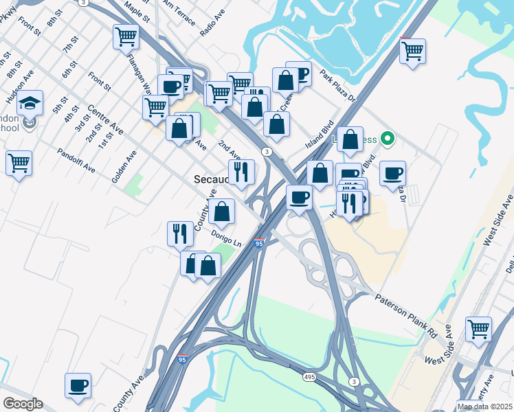 map of restaurants, bars, coffee shops, grocery stores, and more near 16 Green Valley Court in Secaucus