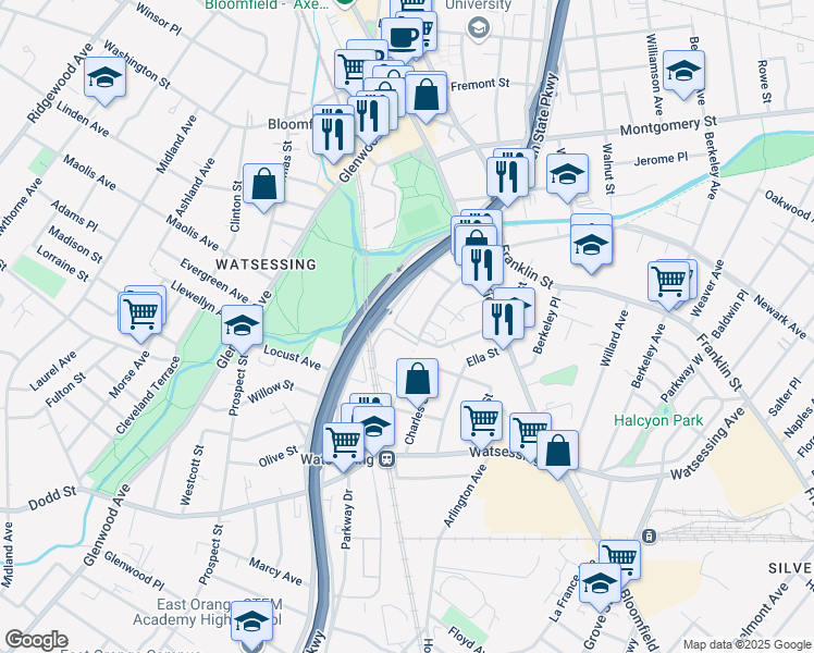 map of restaurants, bars, coffee shops, grocery stores, and more near 104 Orange Street in Bloomfield