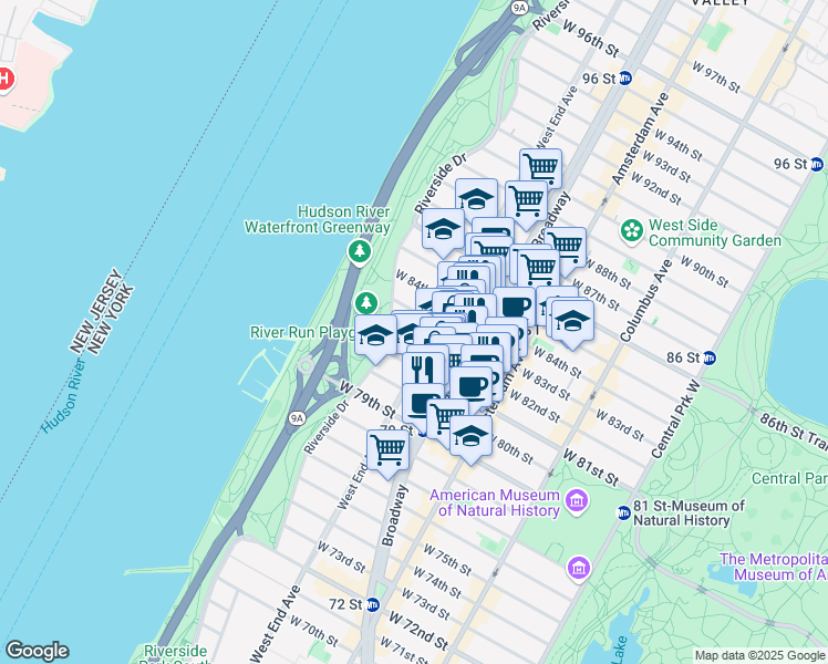 map of restaurants, bars, coffee shops, grocery stores, and more near 313 West 82nd Street in New York