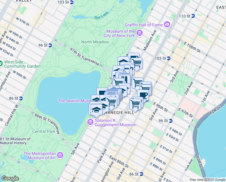 map of restaurants, bars, coffee shops, grocery stores, and more near 2 East 95th Street in New York