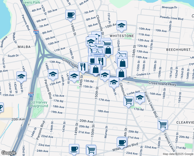 map of restaurants, bars, coffee shops, grocery stores, and more near 15-15 150th Street in Queens