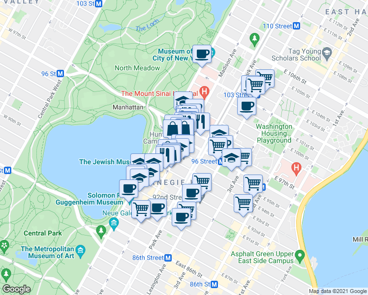 map of restaurants, bars, coffee shops, grocery stores, and more near 1361 Madison Avenue in New York