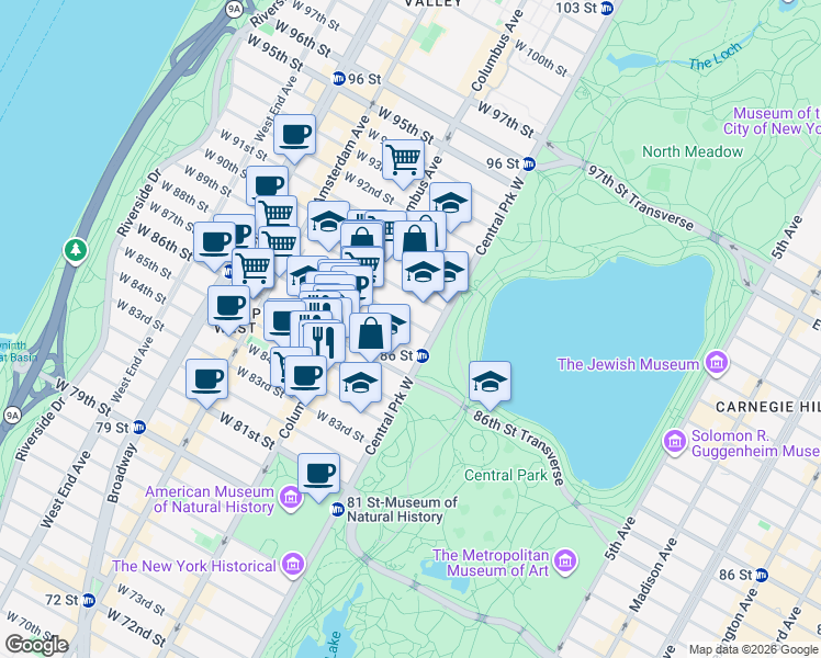 map of restaurants, bars, coffee shops, grocery stores, and more near 18 West 88th Street in New York