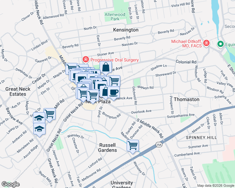 map of restaurants, bars, coffee shops, grocery stores, and more near 15 Schenck Avenue in Great Neck