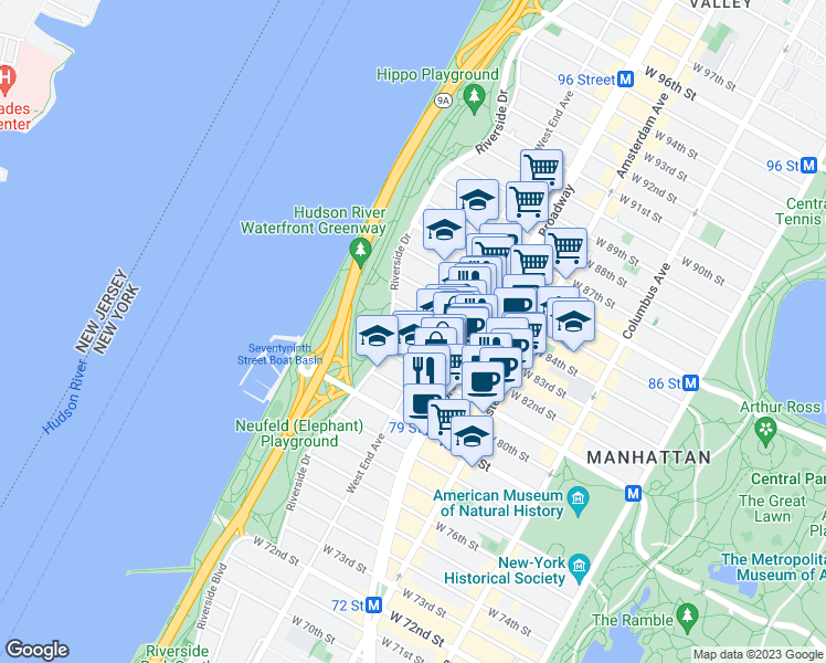map of restaurants, bars, coffee shops, grocery stores, and more near 315 West 82nd Street in New York