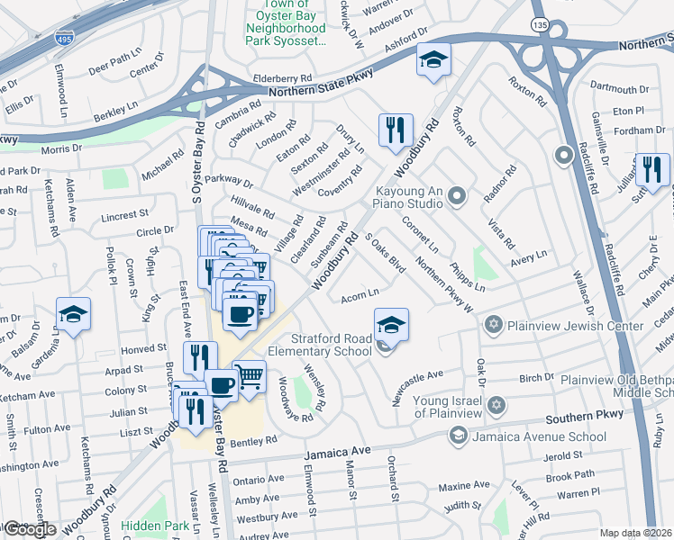 map of restaurants, bars, coffee shops, grocery stores, and more near 11 Acorn Lane in Plainview