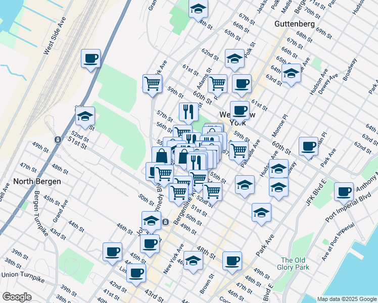 map of restaurants, bars, coffee shops, grocery stores, and more near 556 55th Street in West New York