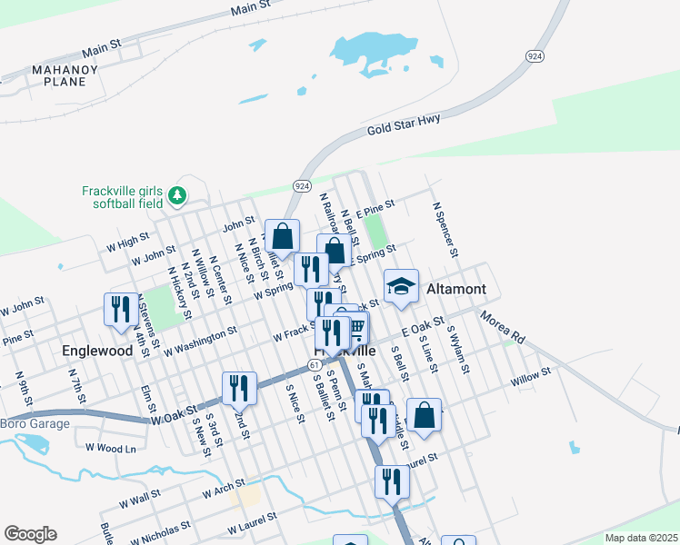 map of restaurants, bars, coffee shops, grocery stores, and more near 70 East Spring Street in Frackville