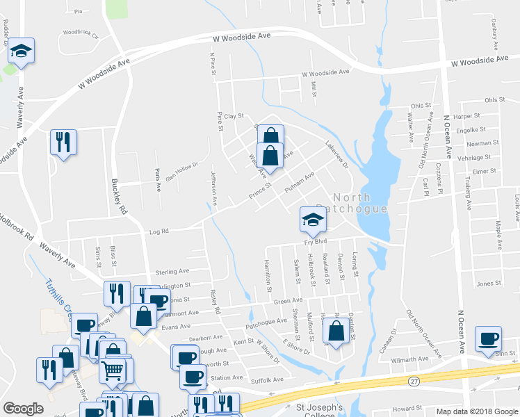 map of restaurants, bars, coffee shops, grocery stores, and more near 113 Putnam Avenue in Patchogue