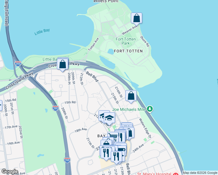 map of restaurants, bars, coffee shops, grocery stores, and more near 15-33 Bell Boulevard in Queens
