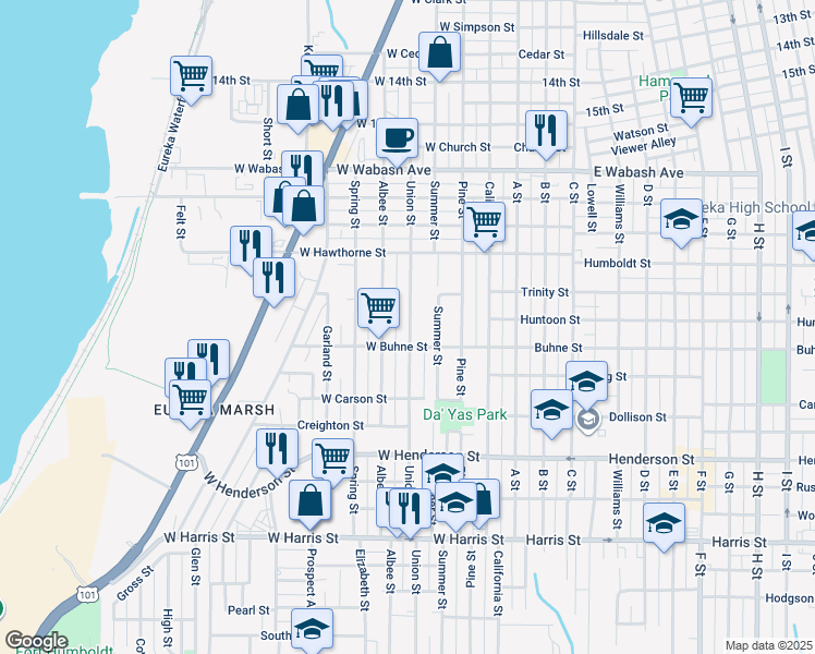 map of restaurants, bars, coffee shops, grocery stores, and more near 316 West Buhne Street in Eureka