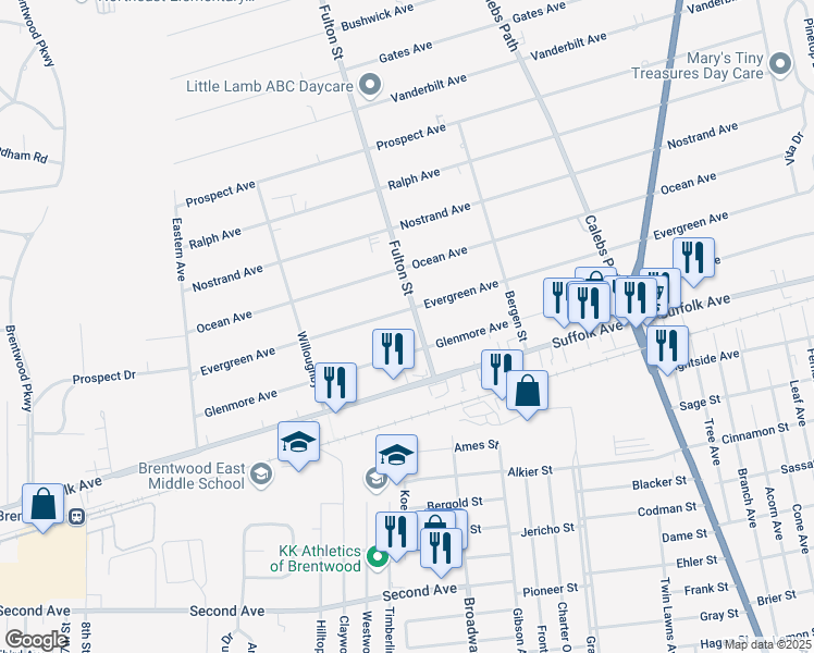 map of restaurants, bars, coffee shops, grocery stores, and more near 35 Glenmore Avenue in Brentwood