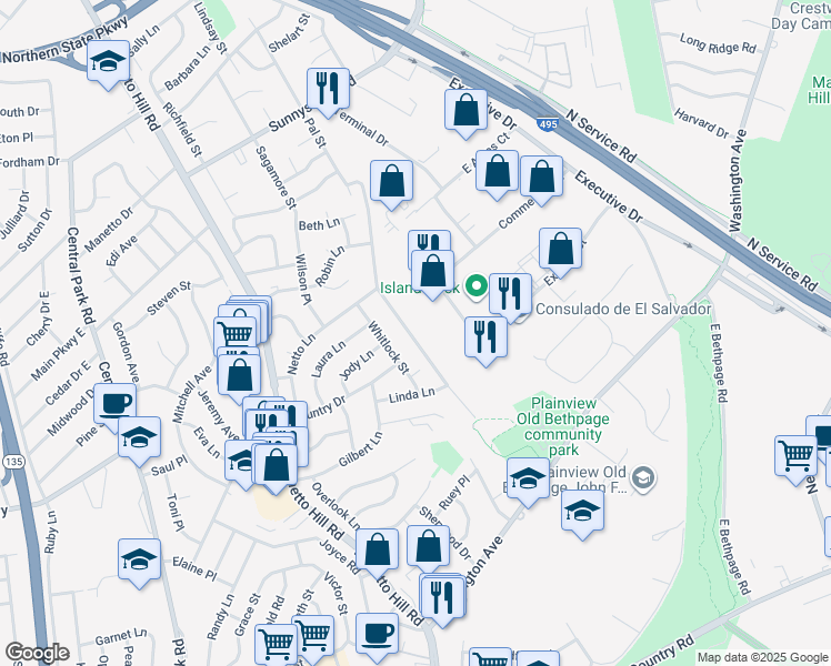 map of restaurants, bars, coffee shops, grocery stores, and more near 19 Whitlock Street in Plainview