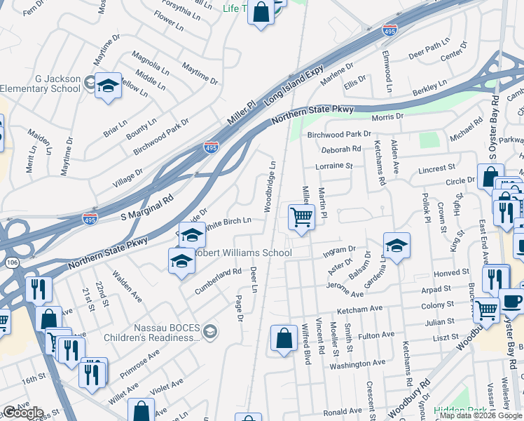 map of restaurants, bars, coffee shops, grocery stores, and more near 417 Whitebirch Lane in Jericho