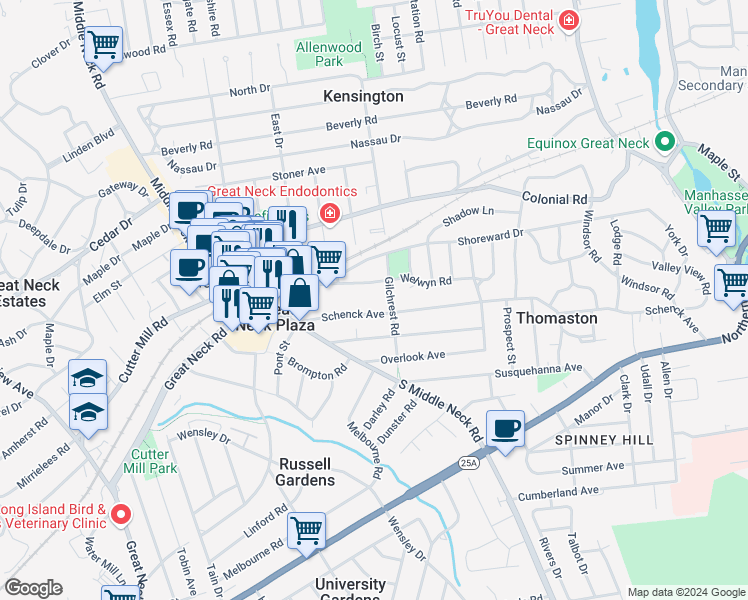 map of restaurants, bars, coffee shops, grocery stores, and more near 21 Schenck Avenue in Great Neck Plaza