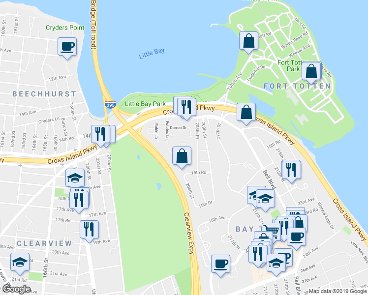 map of restaurants, bars, coffee shops, grocery stores, and more near 208-3 Estates Drive in Queens
